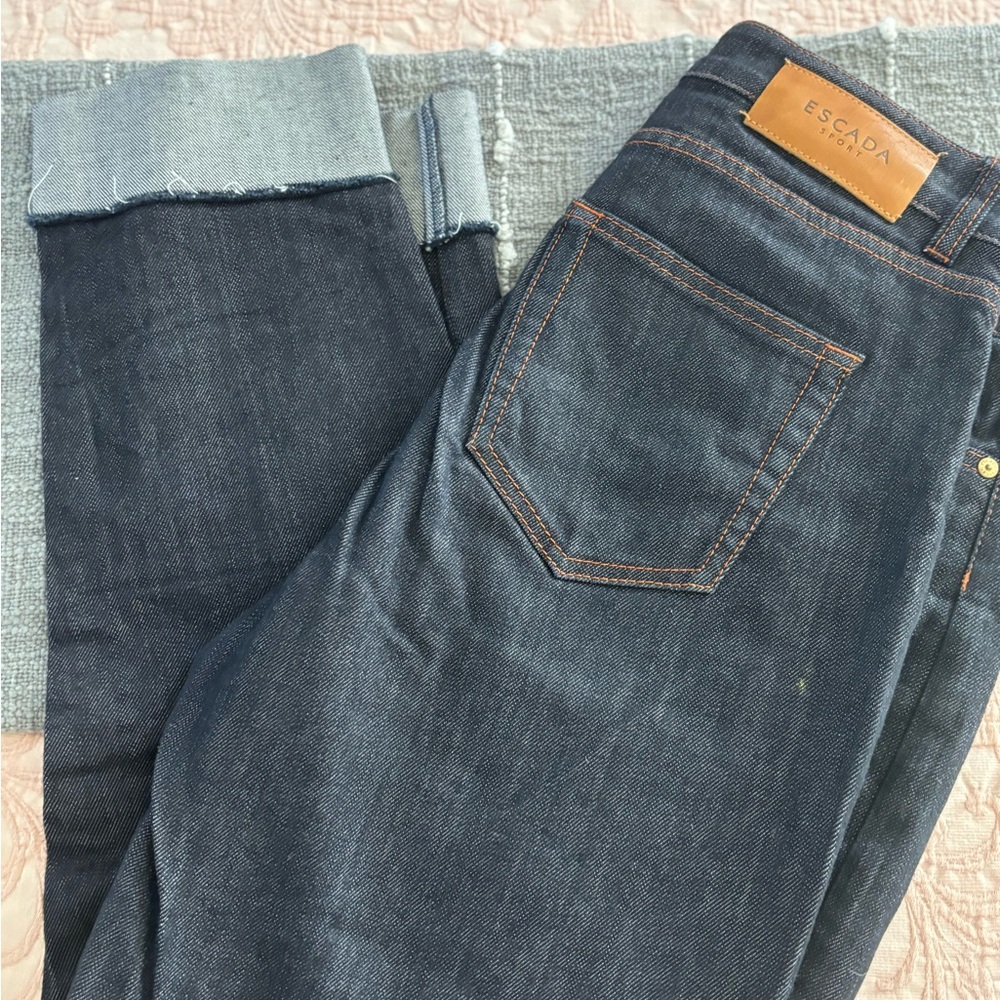 Escada blue indigo‎ denim ankle pants cuffs raw edge size 4 orange stitching